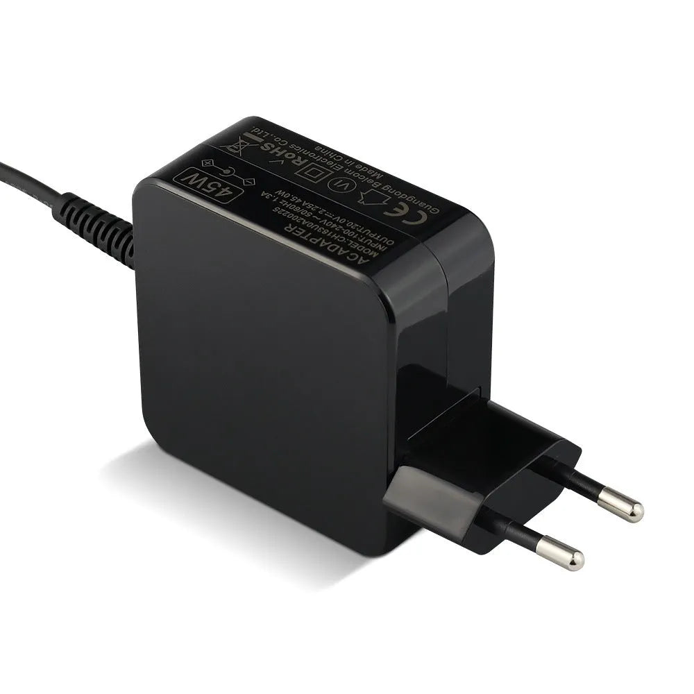 Black 45W laptop power adapter with DC connector and US and EU plug heads