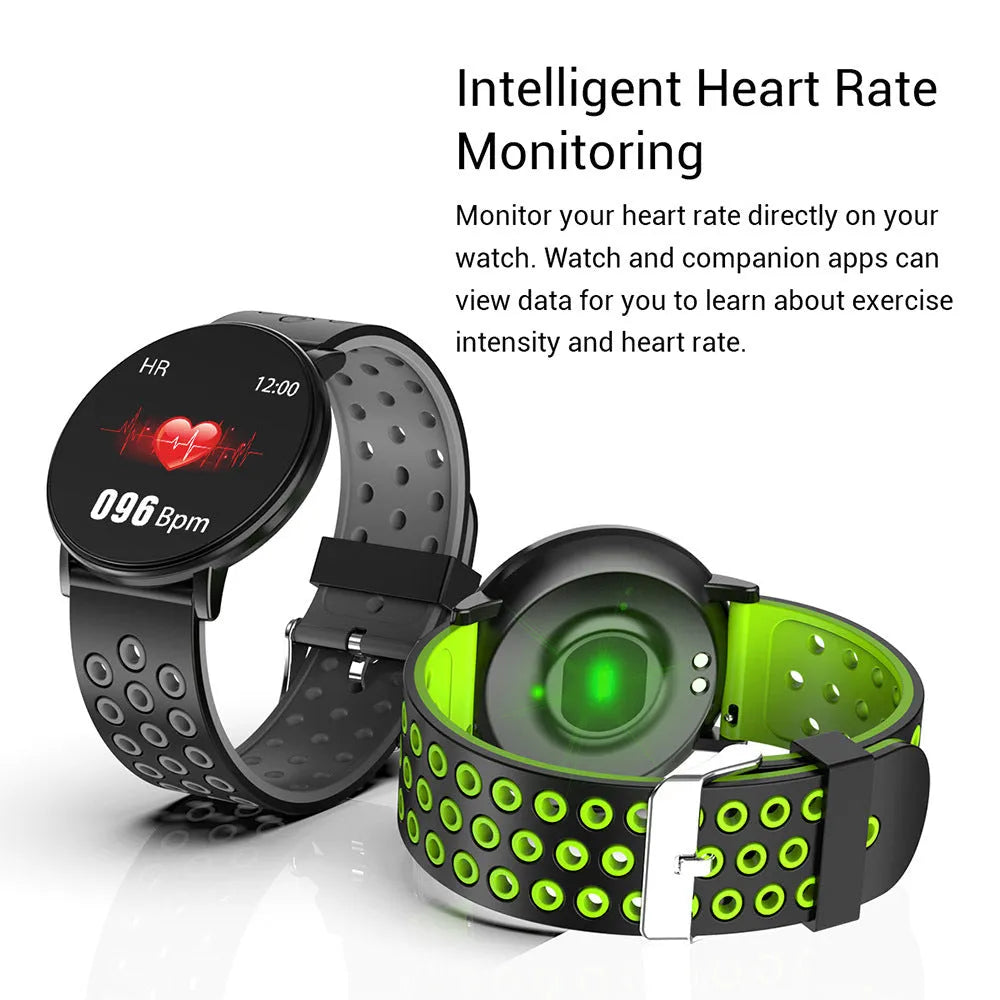 Sports smart bracelet with 1.3 inch screen and silicone strap in black colour option on white background