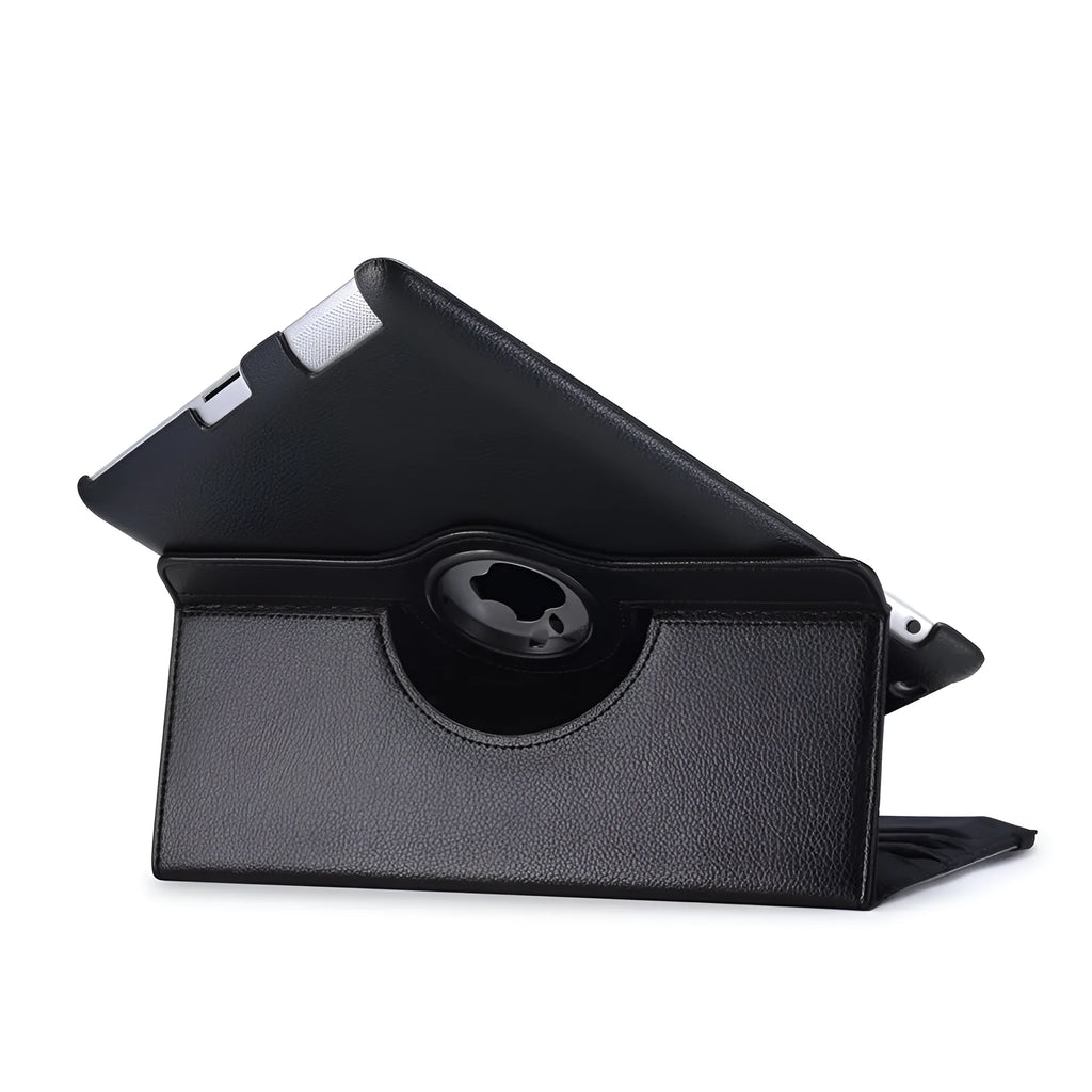 iPad rotating leather-look case in multiple colours showing 360-degree swivel function and clam shell design