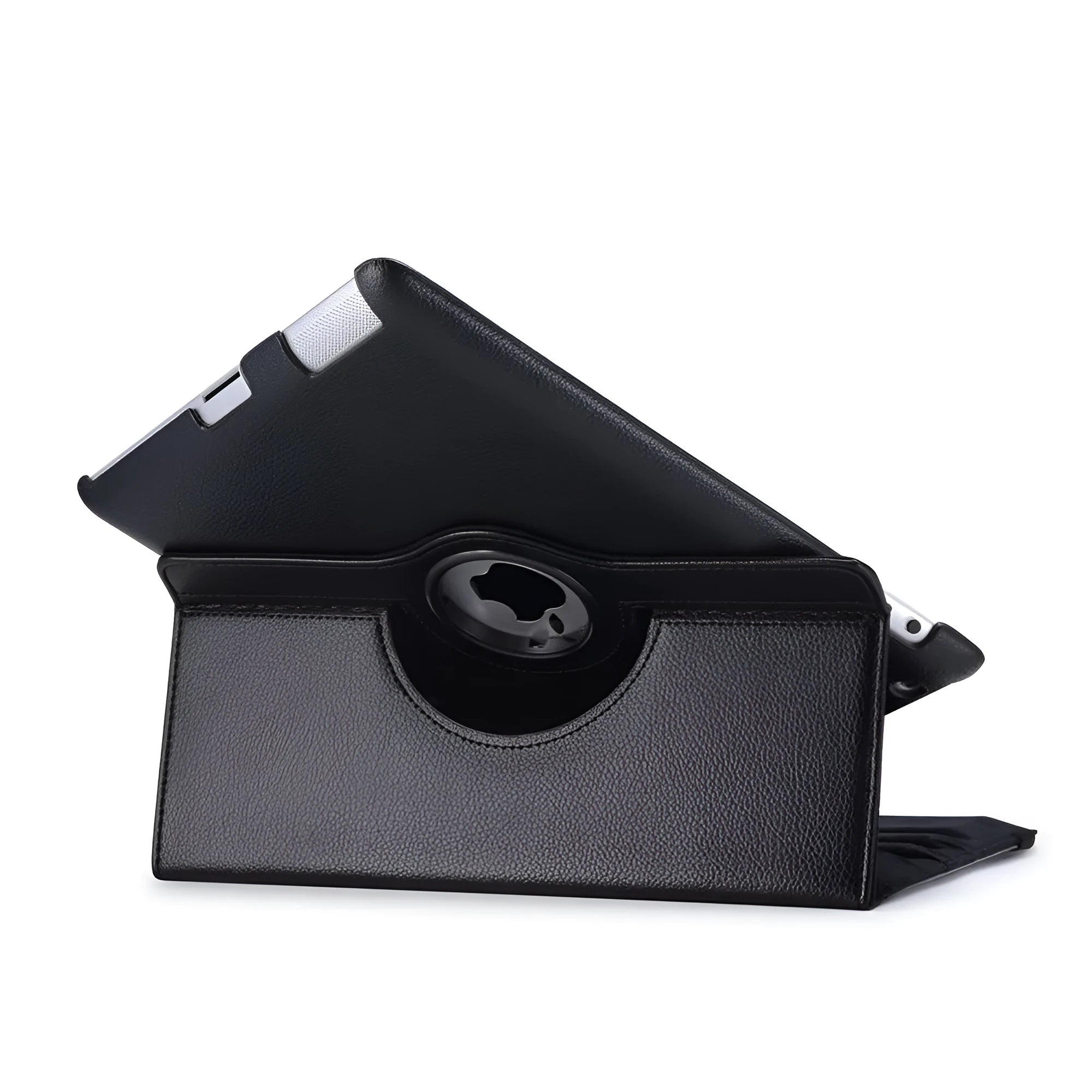 iPad rotating leather-look case in multiple colours showing 360-degree swivel function and clam shell design
