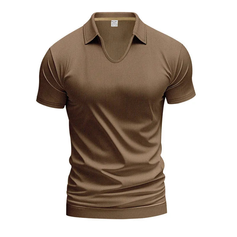 Men's loose-fitting light blue V-neck short-sleeved cotton blend t-shirt laid flat.