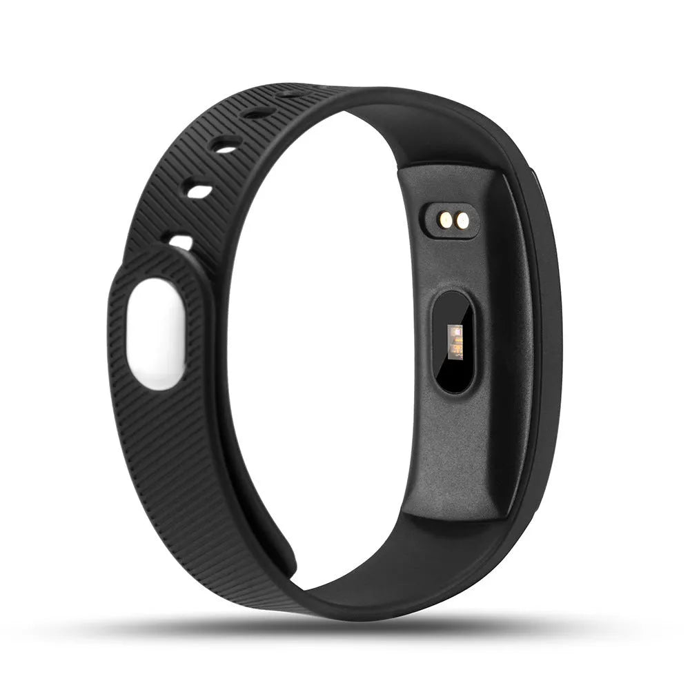 Smart fitness bracelet with OLED screen showing heart rate on wrist, available in black, blue, coffee, red, violet.