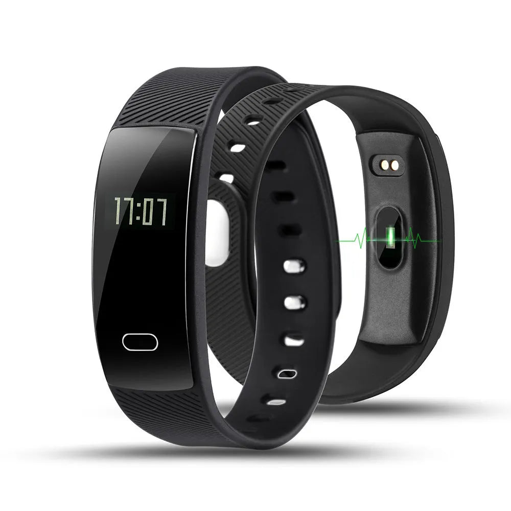 Smart fitness bracelet with OLED screen showing heart rate on wrist, available in black, blue, coffee, red, violet.
