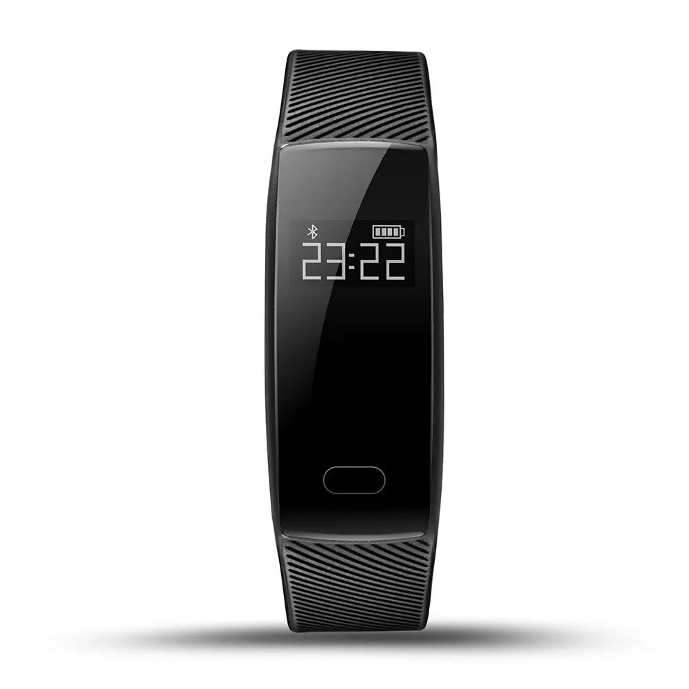 Smart fitness bracelet with OLED screen showing heart rate on wrist, available in black, blue, coffee, red, violet.