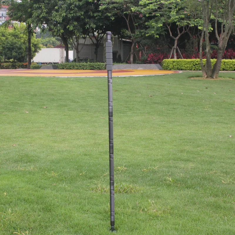 Dark grey aluminium alloy trekking pole with tactical knife and multi-tool accessories, adjustable from 106cm to 125cm