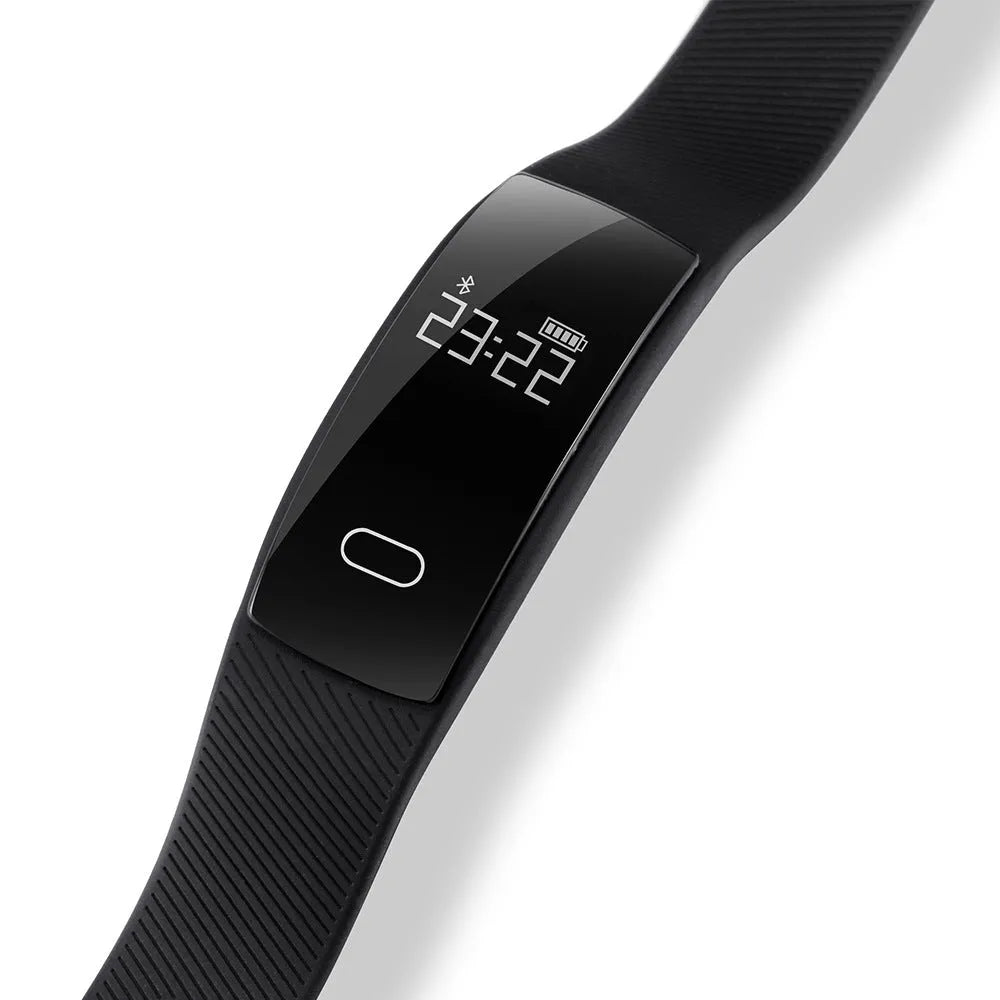 Smart fitness bracelet with OLED screen showing heart rate on wrist, available in black, blue, coffee, red, violet.