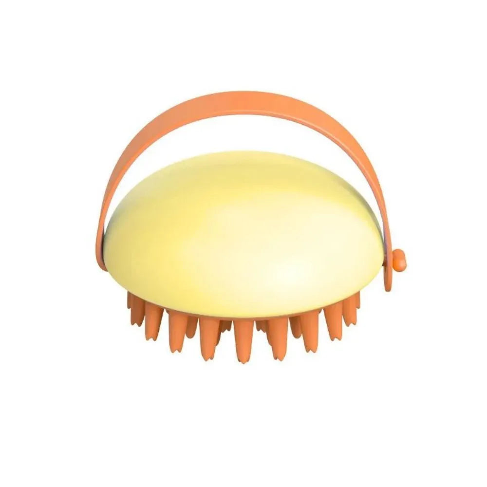 Silicone pet bathing brush with soft bristles and ergonomic handle in blue, pink, white, or yellow colours