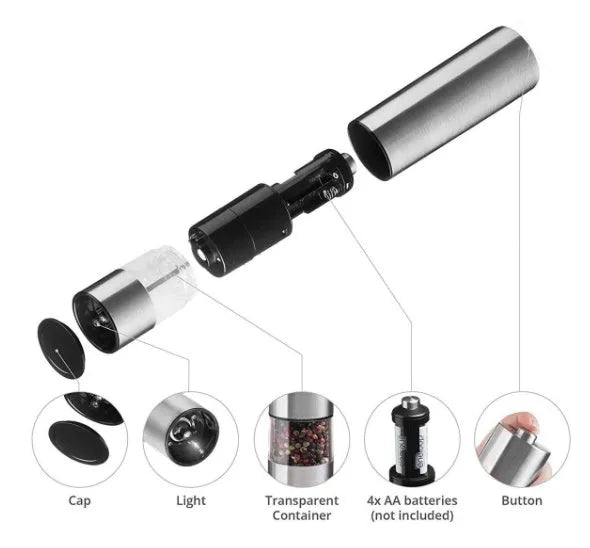 Stainless steel electric pepper grinder on kitchen counter
