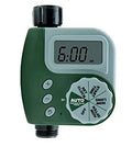 Green digital programmable hose timer with metal faucet connector and dual outlet ports for garden watering