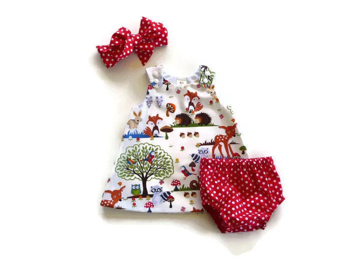 Red cartoon print cotton three-piece children's suit with dress, shorts and headband for baby girls