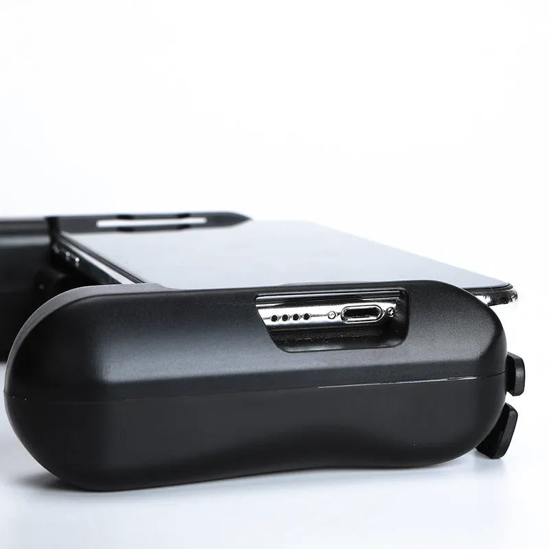 Black Bluetooth mobile game controller with cooling vents, compatible with Apple iPhone.