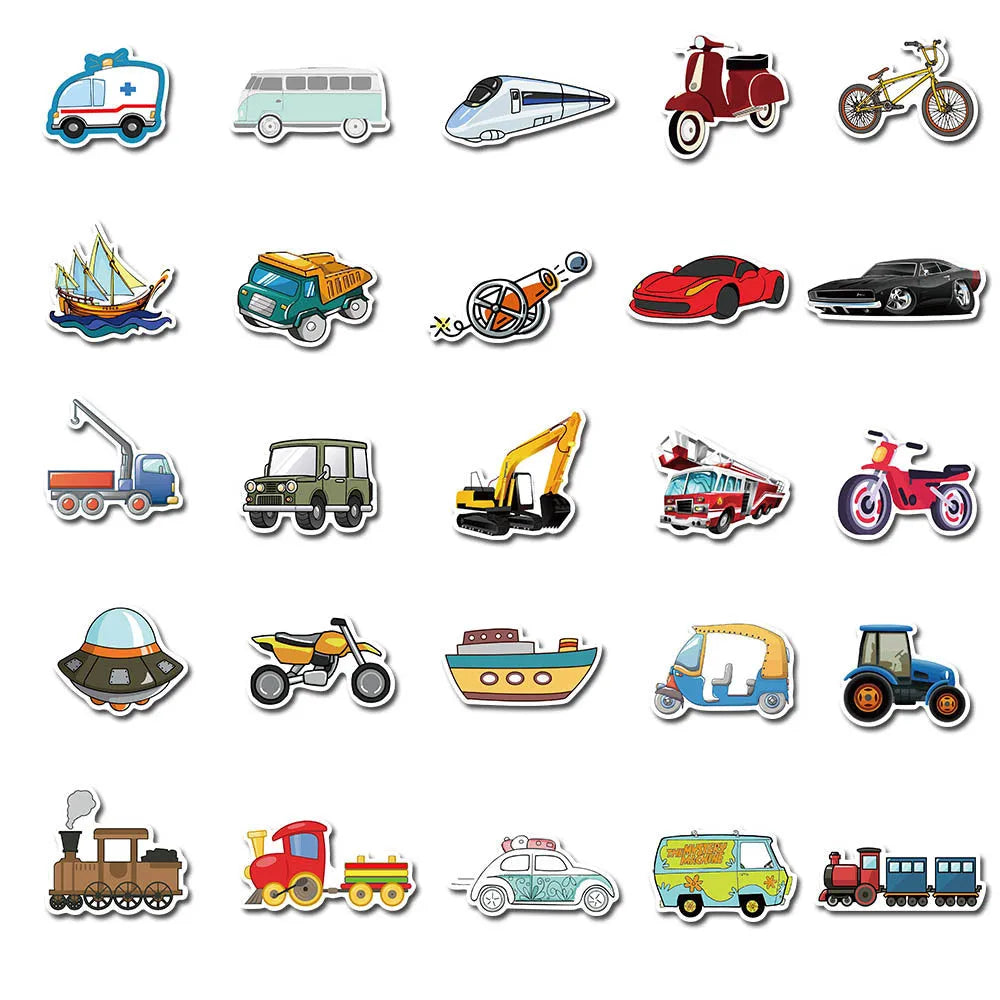 40 cartoon vehicle graffiti stickers in 4-6cm sizes with car and excavator designs for luggage and laptops