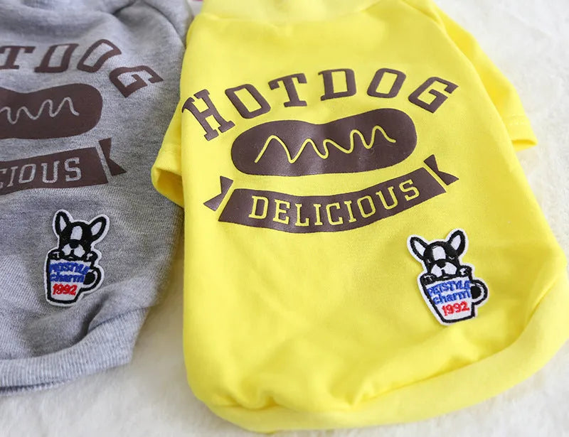 Grey and yellow cotton dog coat size XS for small dogs on white background