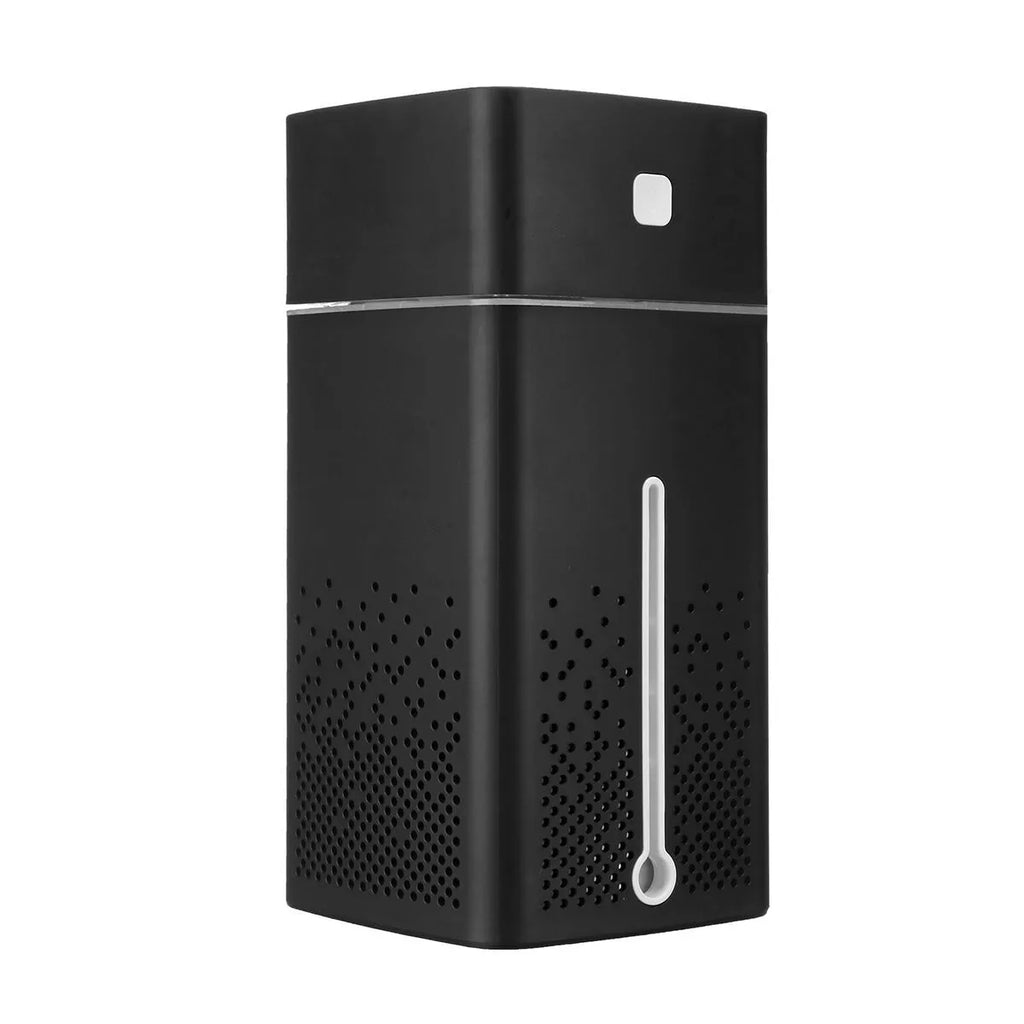 A compact black or white desktop humidifier with USB cable, standing 218mm tall on a wooden desk.