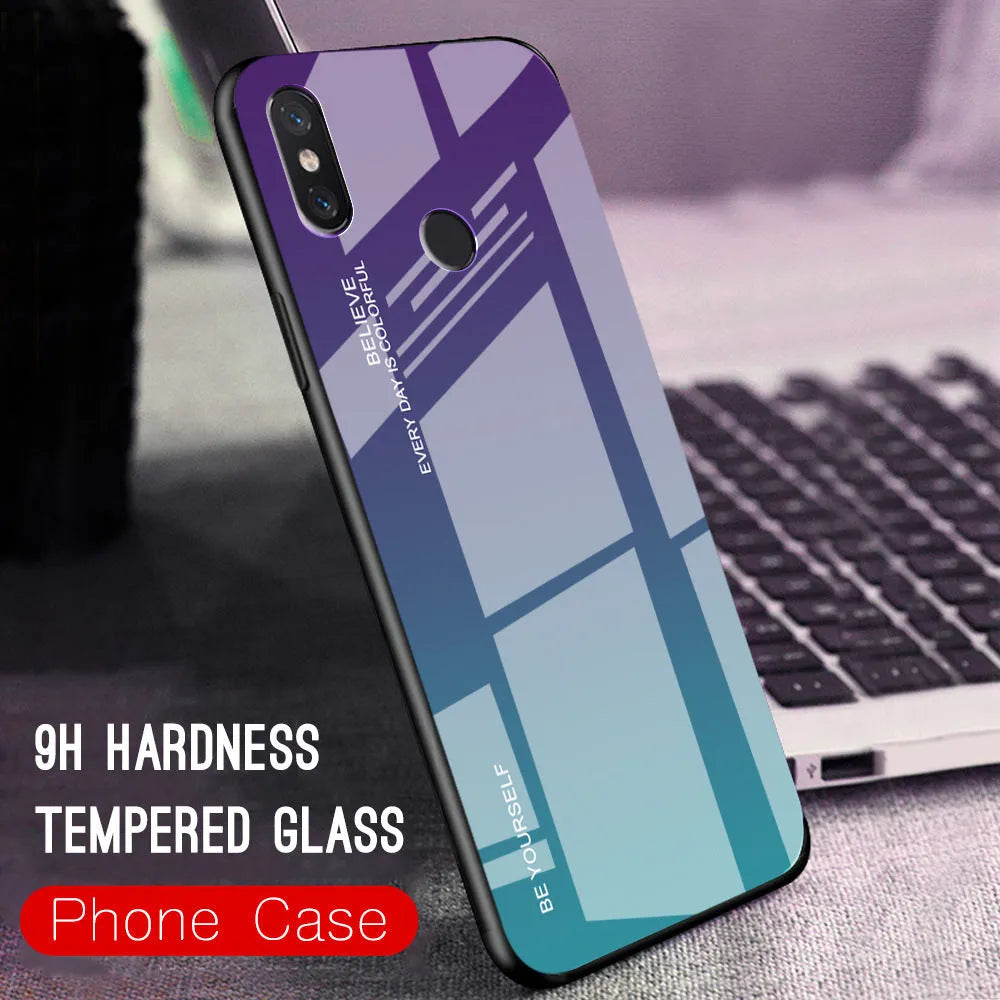 Gradient colour phone case for Redmi smartphones with tempered glass back and TPU frame