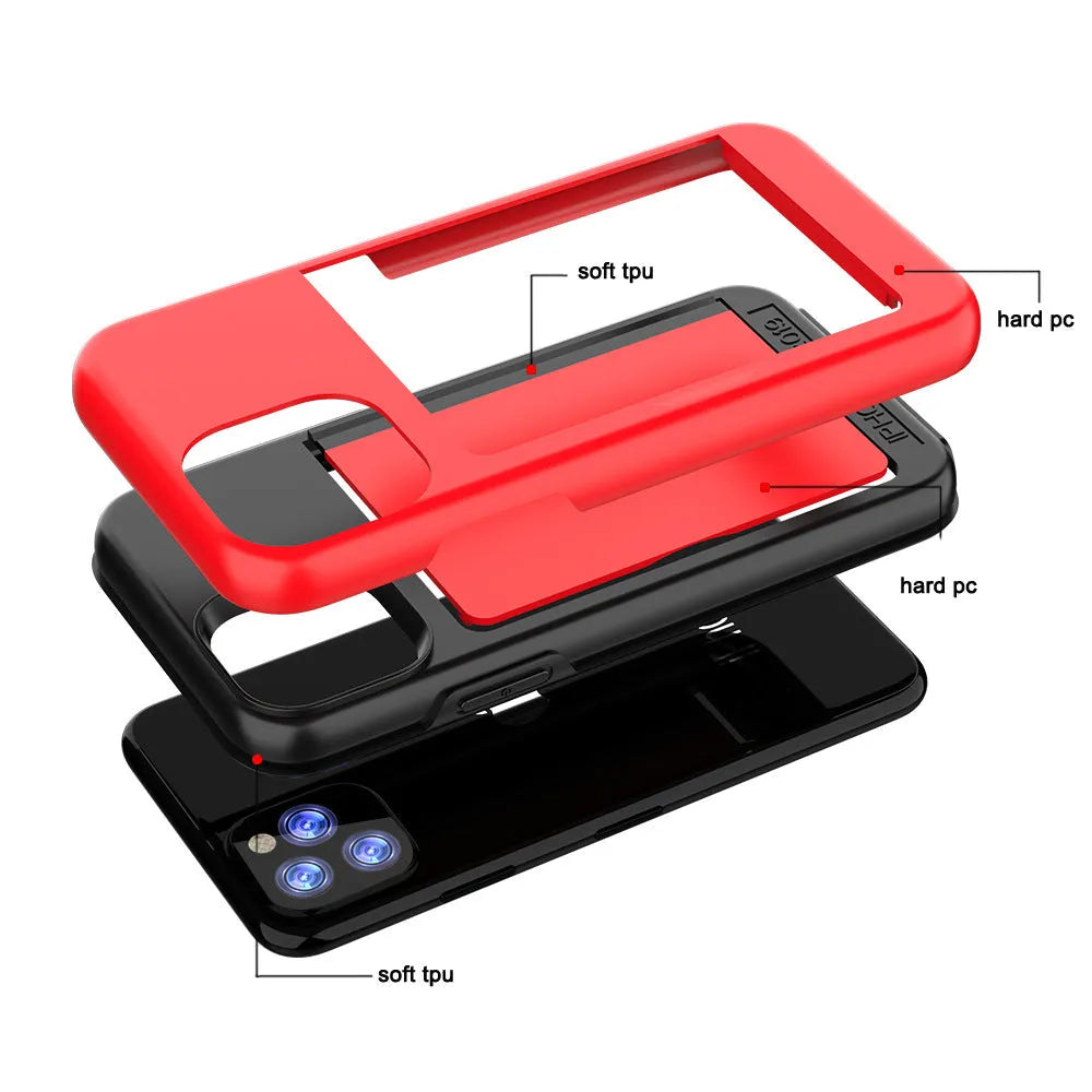 A solid colour mobile phone case for iPhone 11 series, shown in black, red, pink, blue, dark blue, and purple colour options.