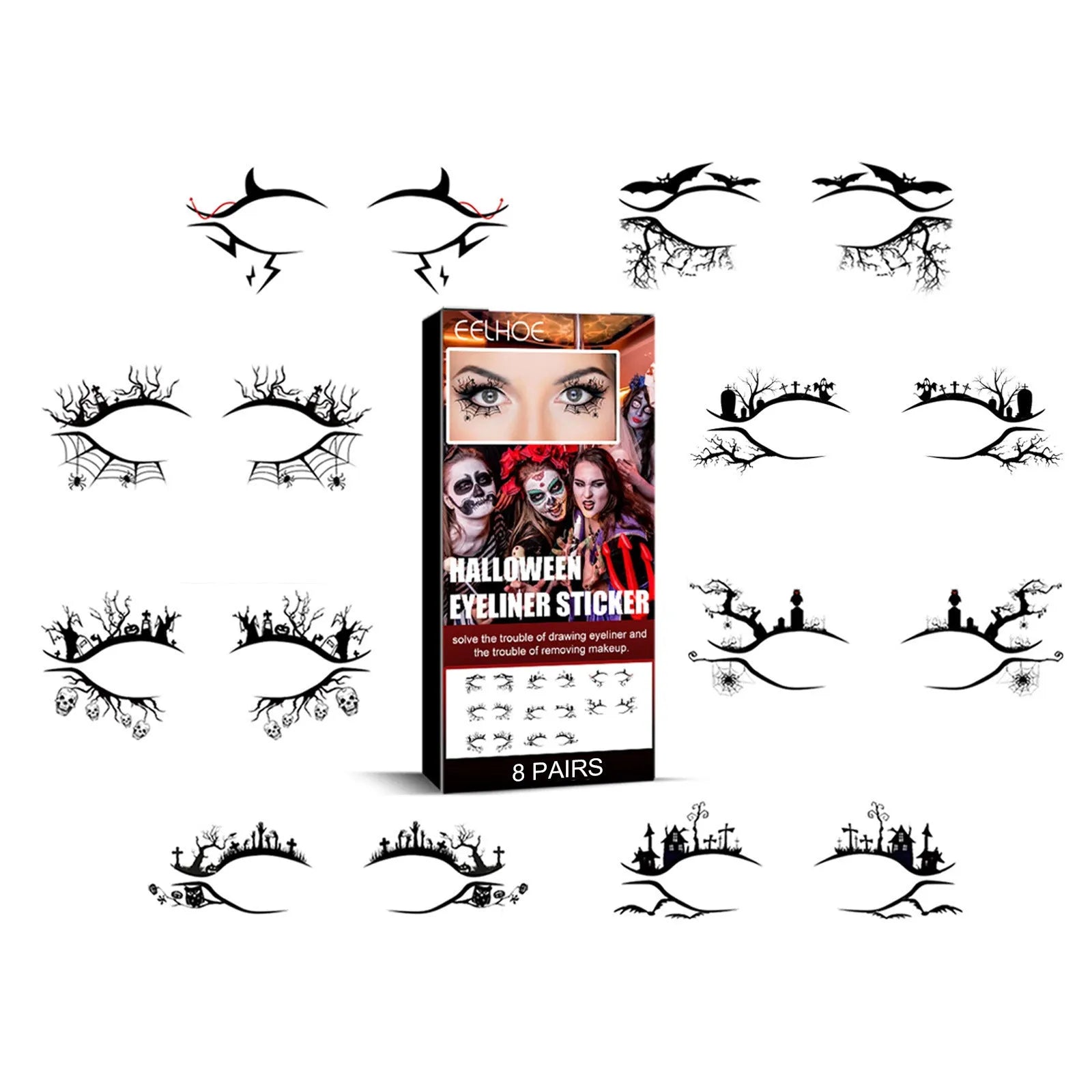 Bat and spider decorative eyeliner stickers set with 8 pairs for theatrical makeup