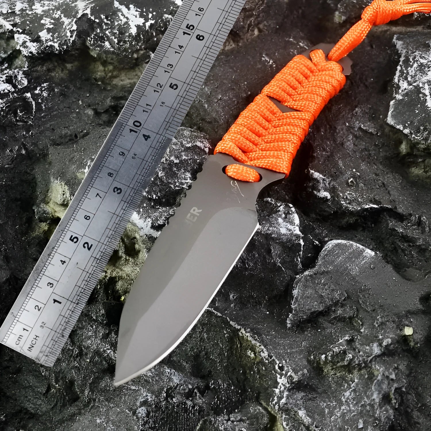 Outdoor camping survival knife with straight blade, rope handle, and ABS protective sheath