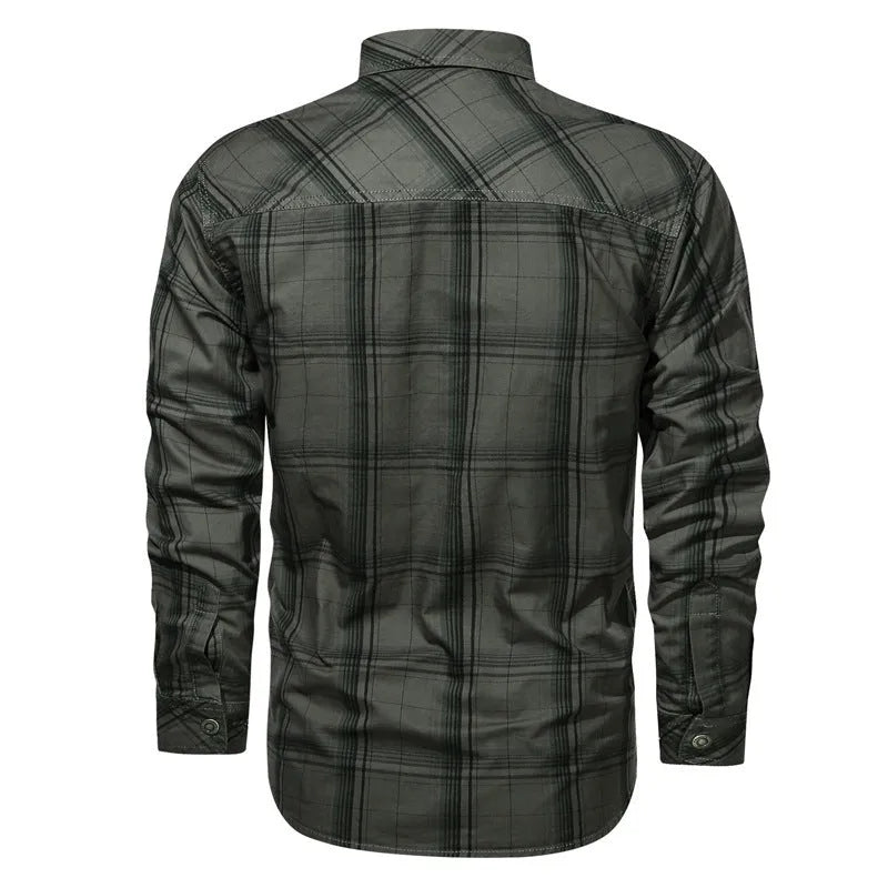 Men's long-sleeved cotton striped shirt in green, shown as a cardigan for spring and autumn casual wear
