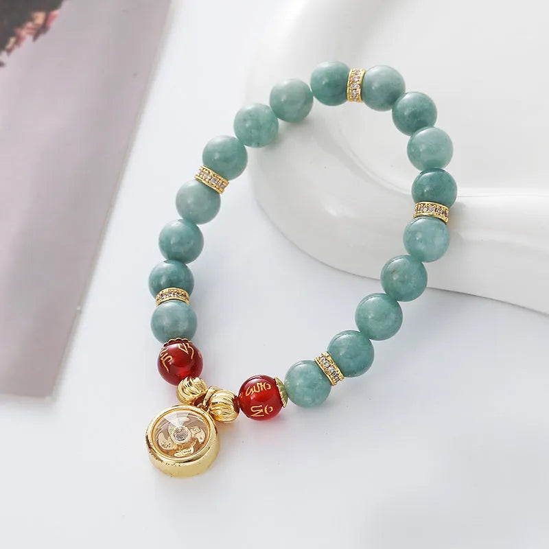 Natural agate bracelet with geometric jade-toned beads and lotus seedpod design