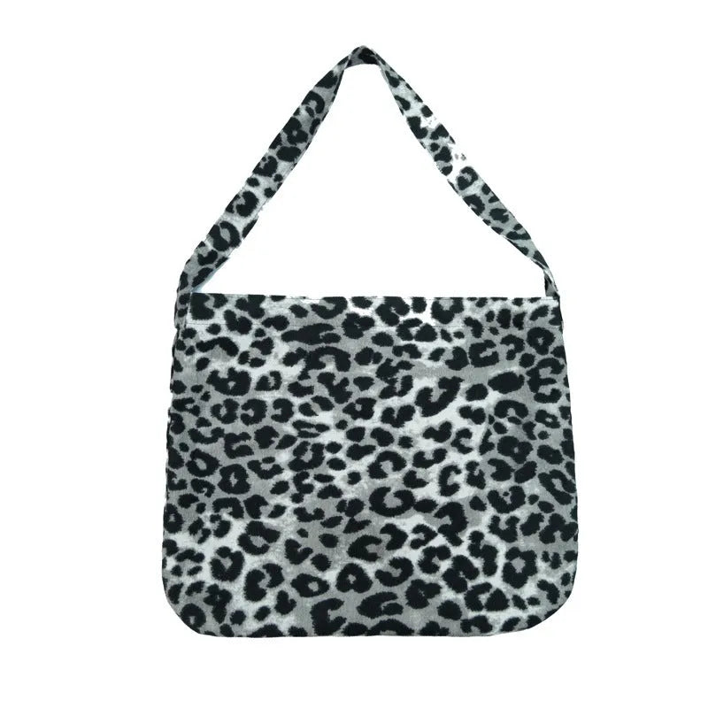 Large capacity casual women's bag in brown yellow corduroy with leopards print and double layer design