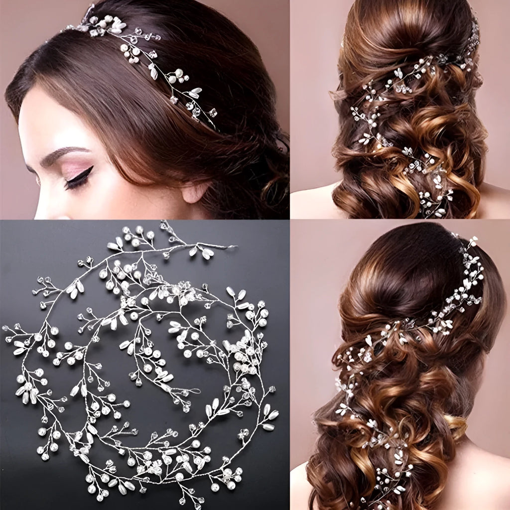 Gold bridal hair band with crystals and pearls on a wire, shown at 50cm length.