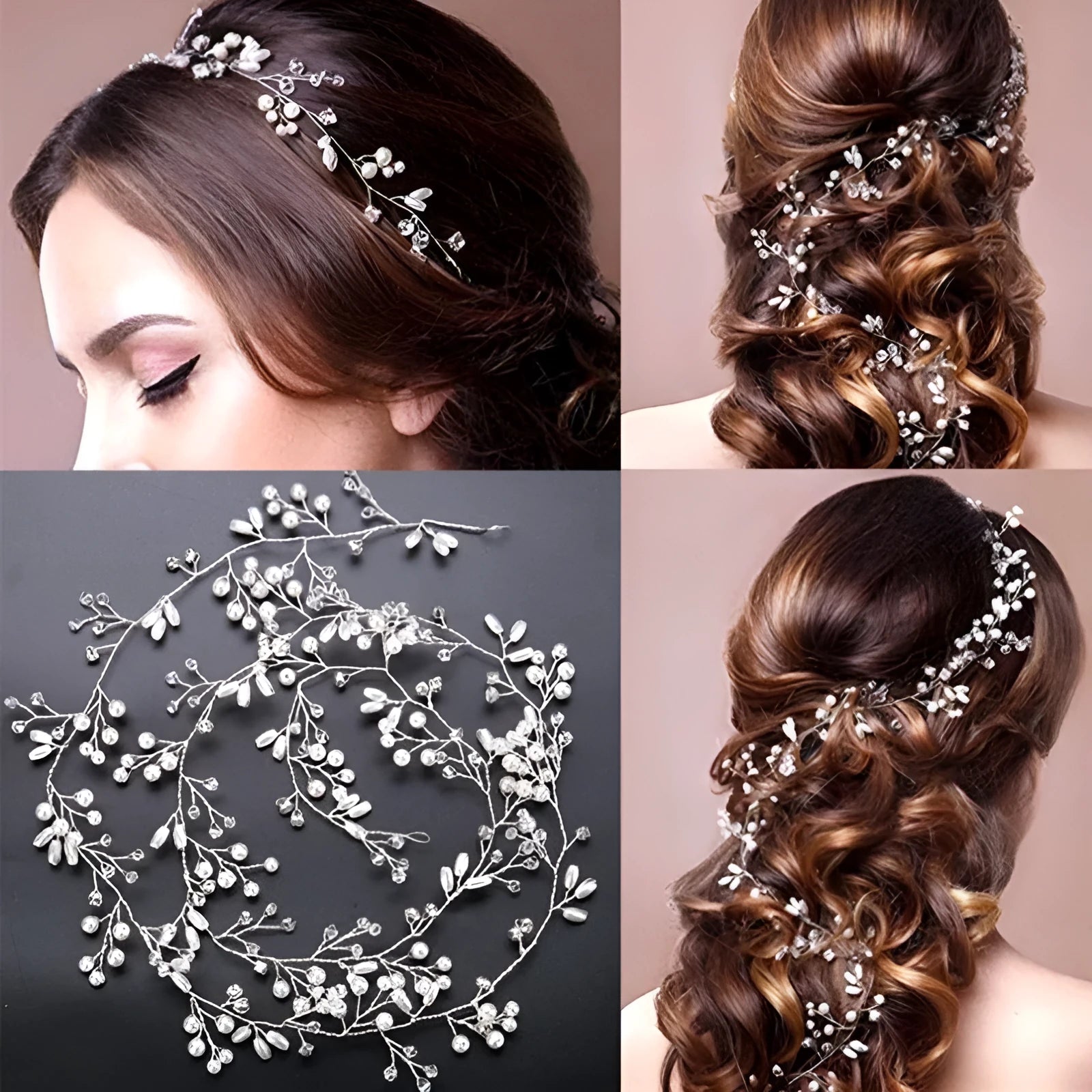 Gold bridal hair band with crystals and pearls on a wire, shown at 50cm length.
