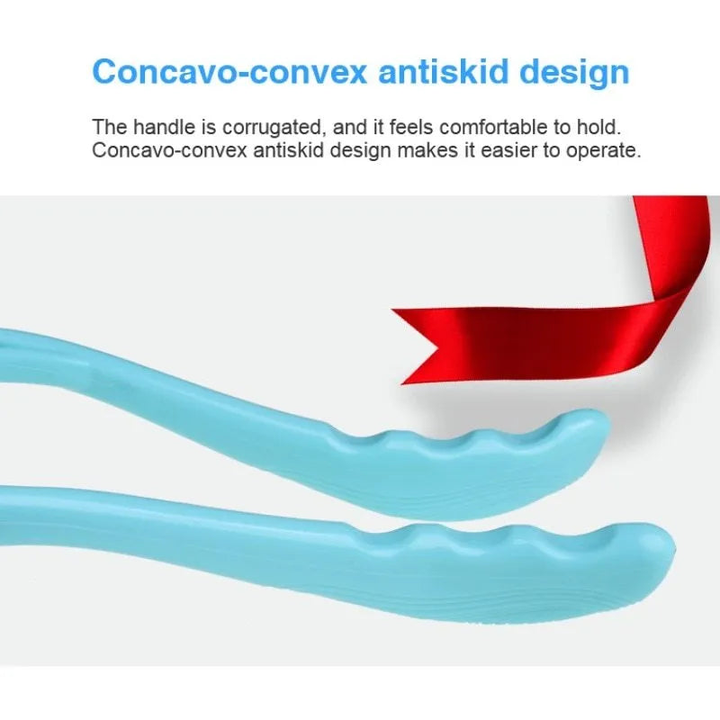 A pink plastic hand-held neck massager with a swan-neck shape and removable roller head for pressure point therapy.