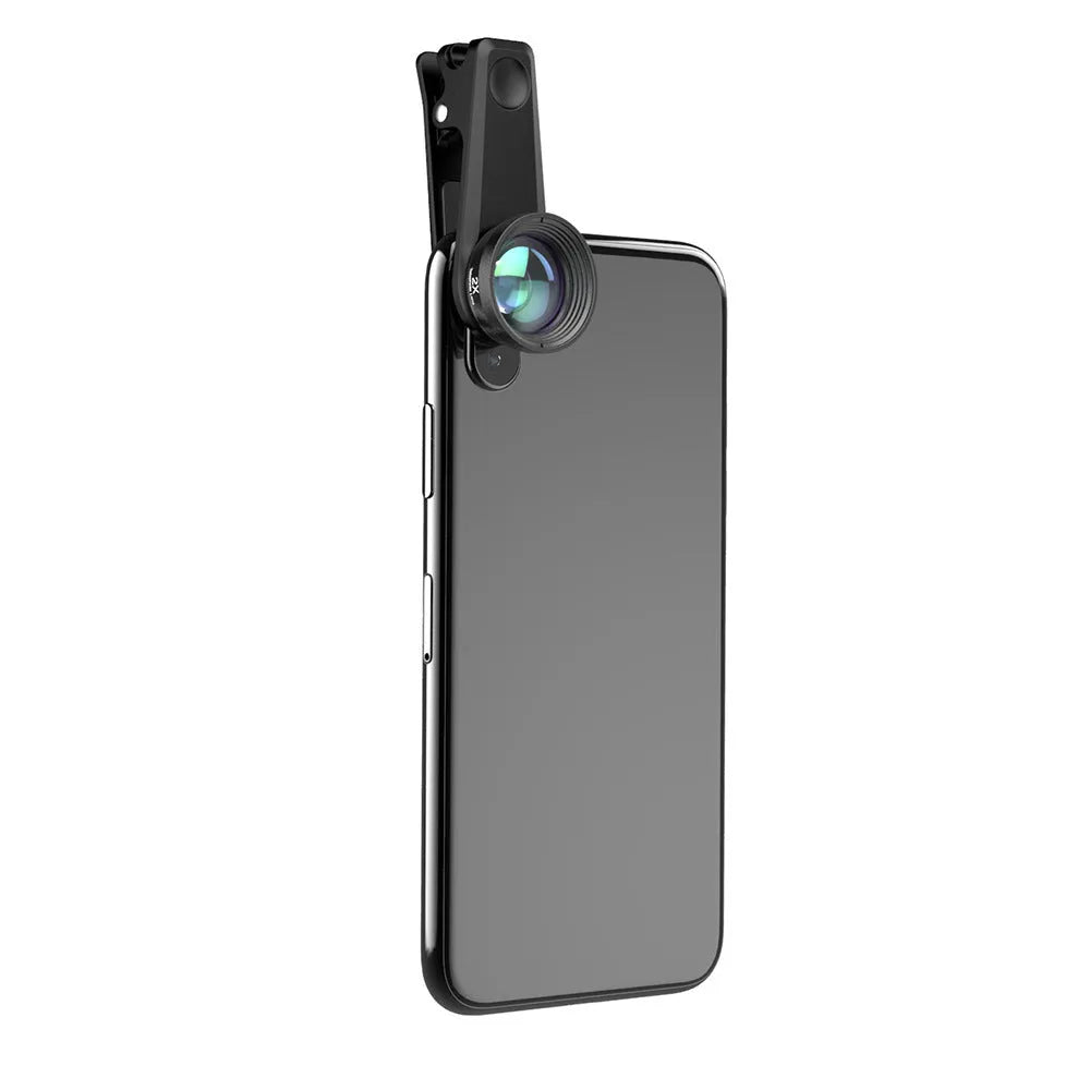 Black 6-in-1 universal smartphone camera lens kit with fisheye, wide-angle, macro, and telephoto lenses in an EVA case.
