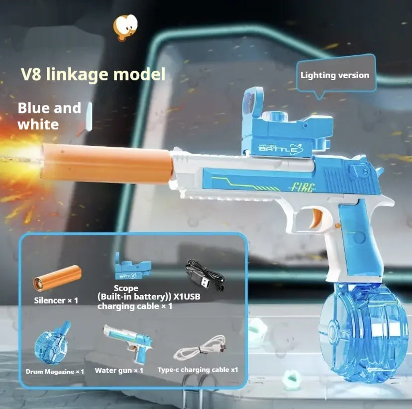 Electric water gun with fire light effect in blue, plastic water toy for teenagers