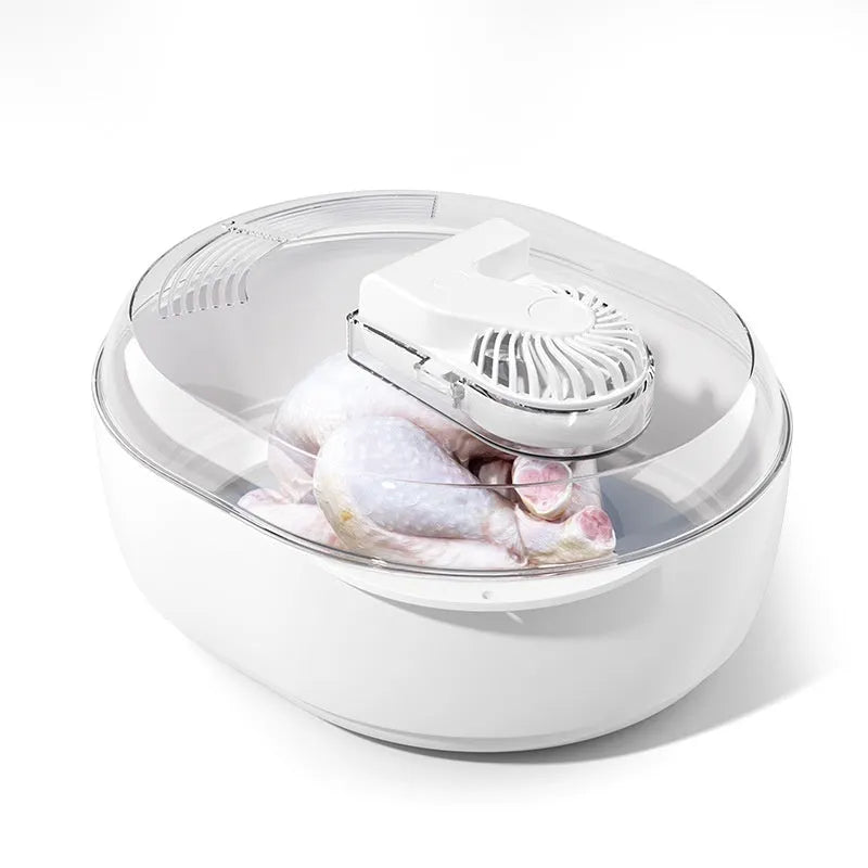 Aluminium household food defrosting plate on a kitchen countertop