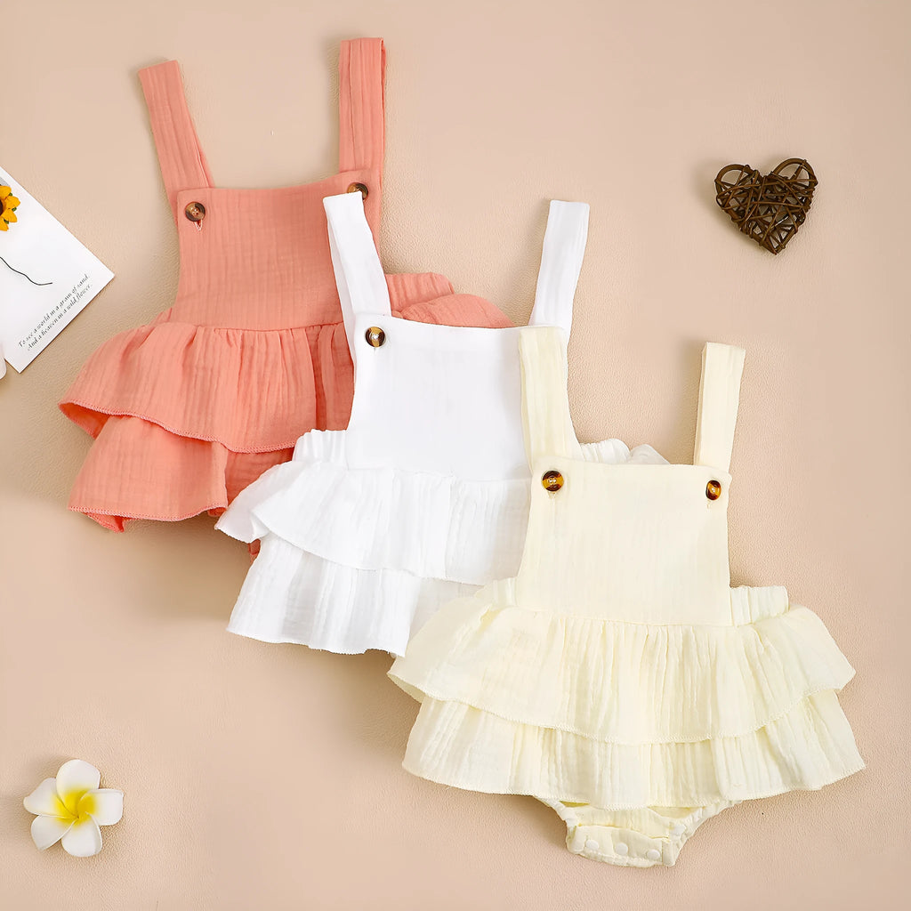 Baby girl cotton triangle jumpsuit summer dress in apricot, sleeveless with hidden hook closure
