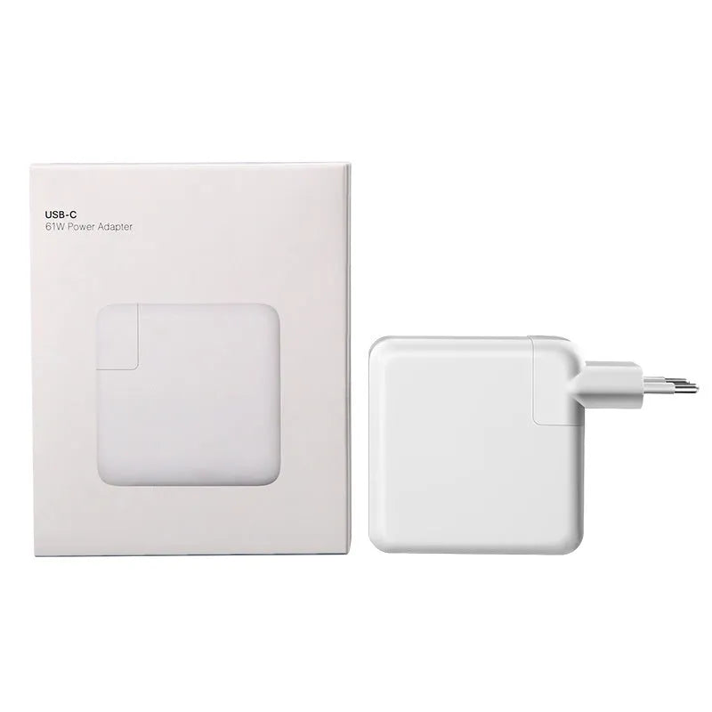 61W laptop power adapter charger with international plug options, 7cm by 7cm by 3cm dimensions