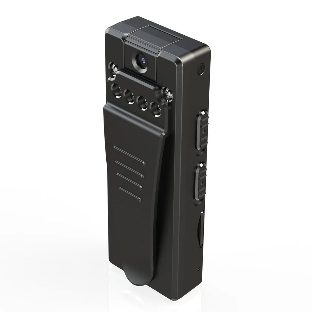 Black 1080p HD DV home camera with night vision, shown on a stand with a 90-degree rotation angle.