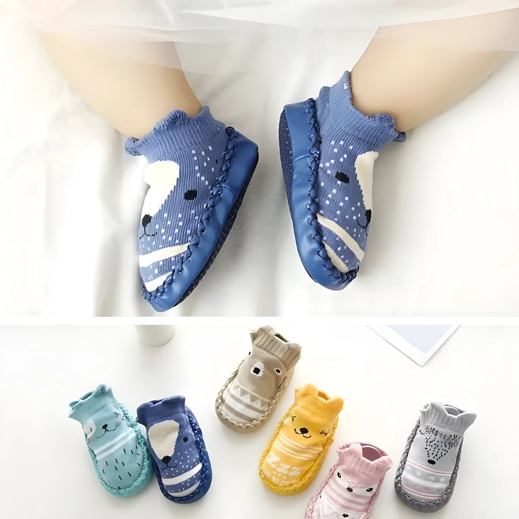Baby floor socks with anti-slip sole in combed cotton fabric, showing colour and pattern options