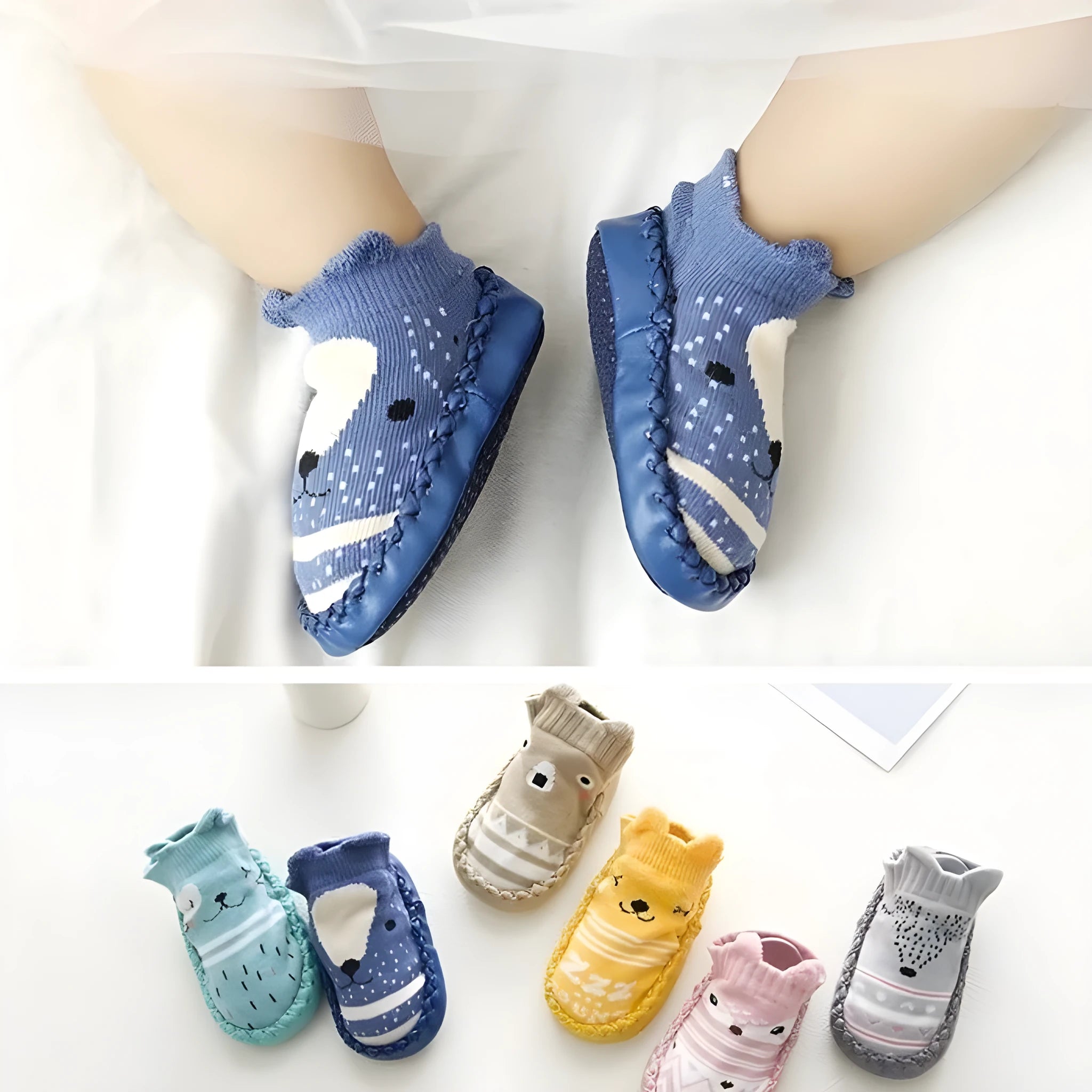 Baby floor socks with anti-slip sole in combed cotton fabric, showing colour and pattern options