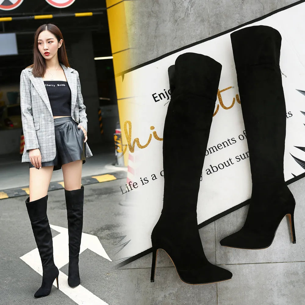 Stiletto heel pointed toe over the knee boots in suede, super high heel, sizes 32-46, black brown gray