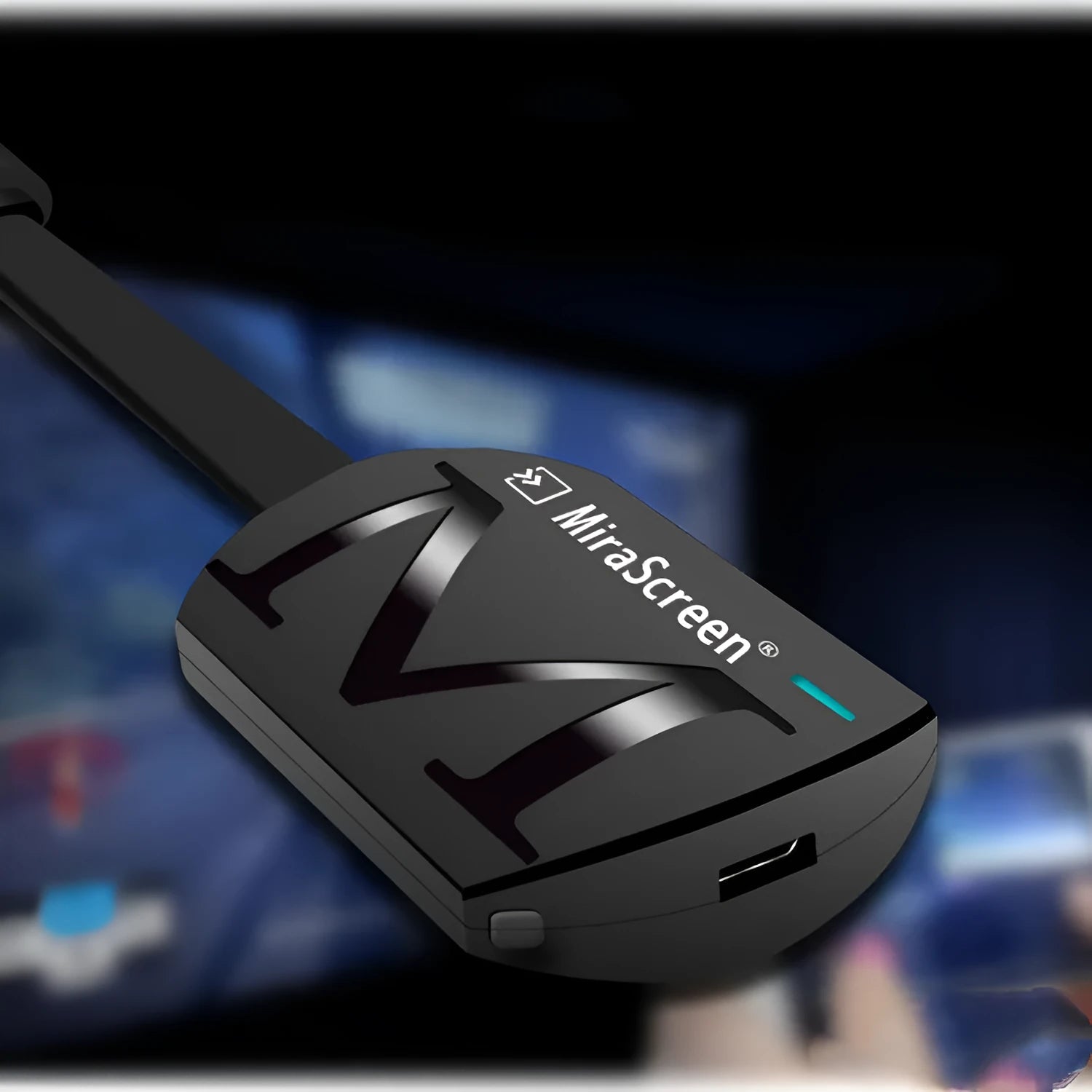 Black smartphone TV HDMI dongle with USB connector for screen mirroring to televisions