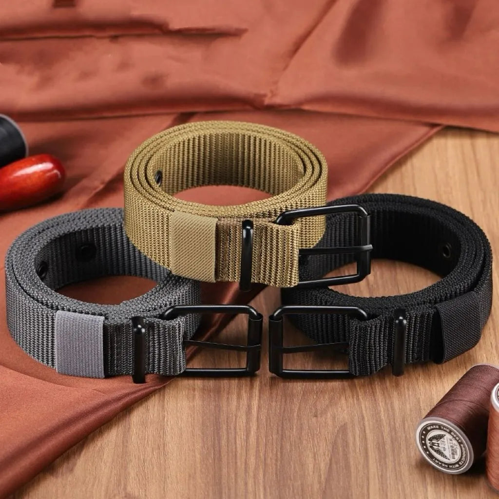 Outdoor leisure thin plastic pin buckle belt in black with iron buckle, less than 2cm wide.