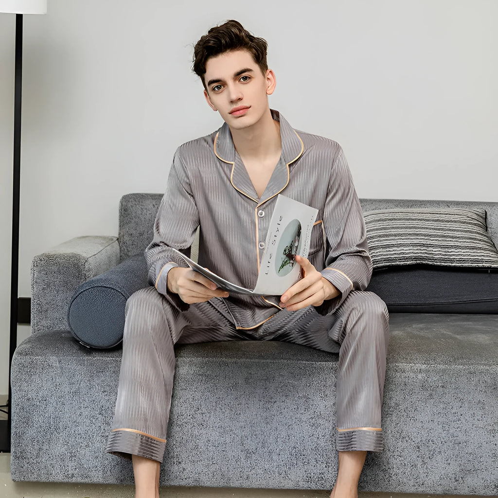 Men's ice silk pyjama set with blue long sleeve V-neck top and trousers in sizes L to 3XL
