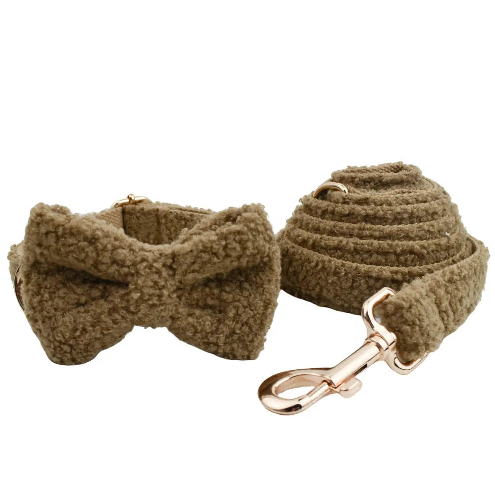 Brown polyester dog collar and lead set with optional bow and vest, shown in matching brown for sizes XS to XL