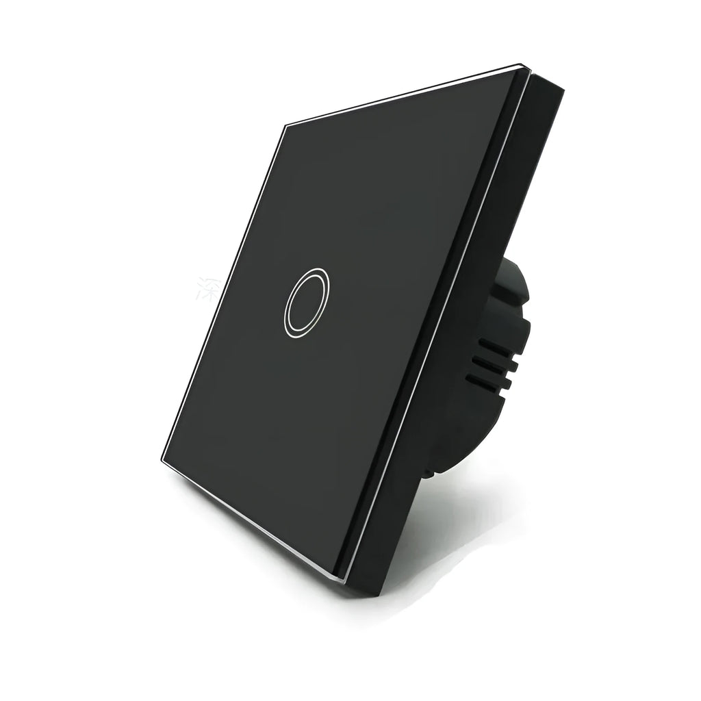 Touch-operated light switch with tempered glass panel in black, golden or white finish