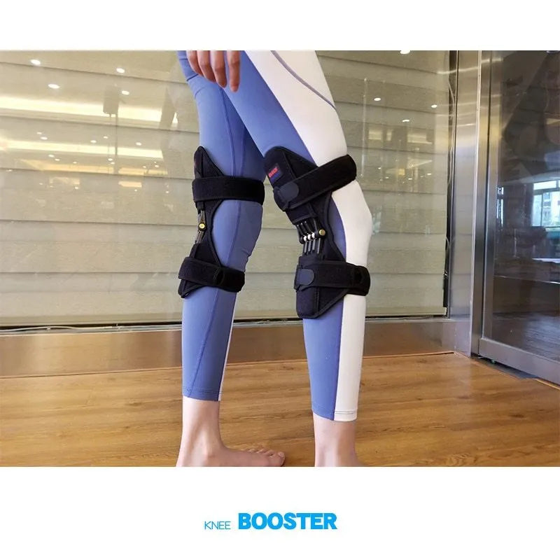 Adjustable knee brace with patella booster spring for mountaineering and sports activities