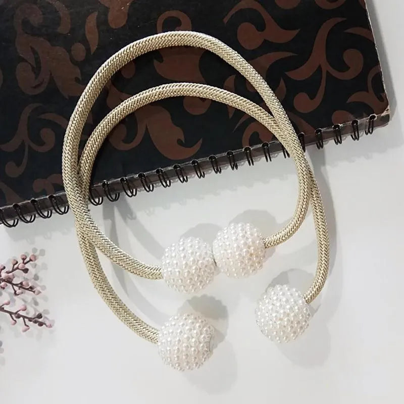 Magnetic curtain tiebacks with pearl beads in Beige, Coffee, Gray and other colours, holding curtain fabric back