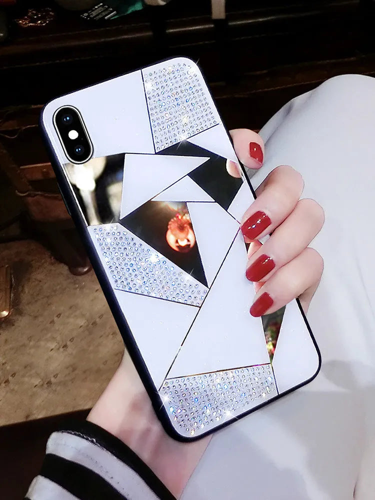 iPhone compatible silicone back cover with rhinestone diamond mirror finish in Gold and White colours for 11Pro, X, 8, 7, 6 models