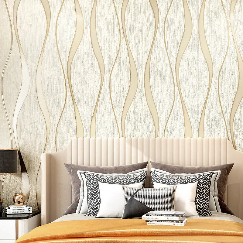 Close-up of light grey 3D curve stripe wallpaper with thick deerskin velvet texture and raised pattern.