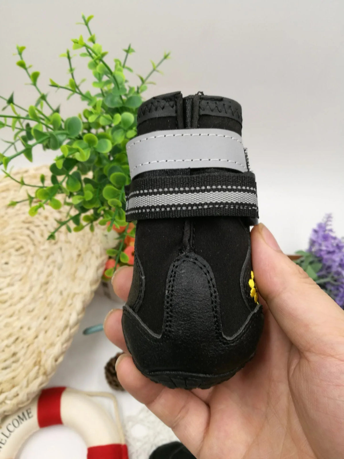 Black dog shoes with waterproof PVC sole and adjustable fuzzy strap, sizes 2-6, No1, No7, No8