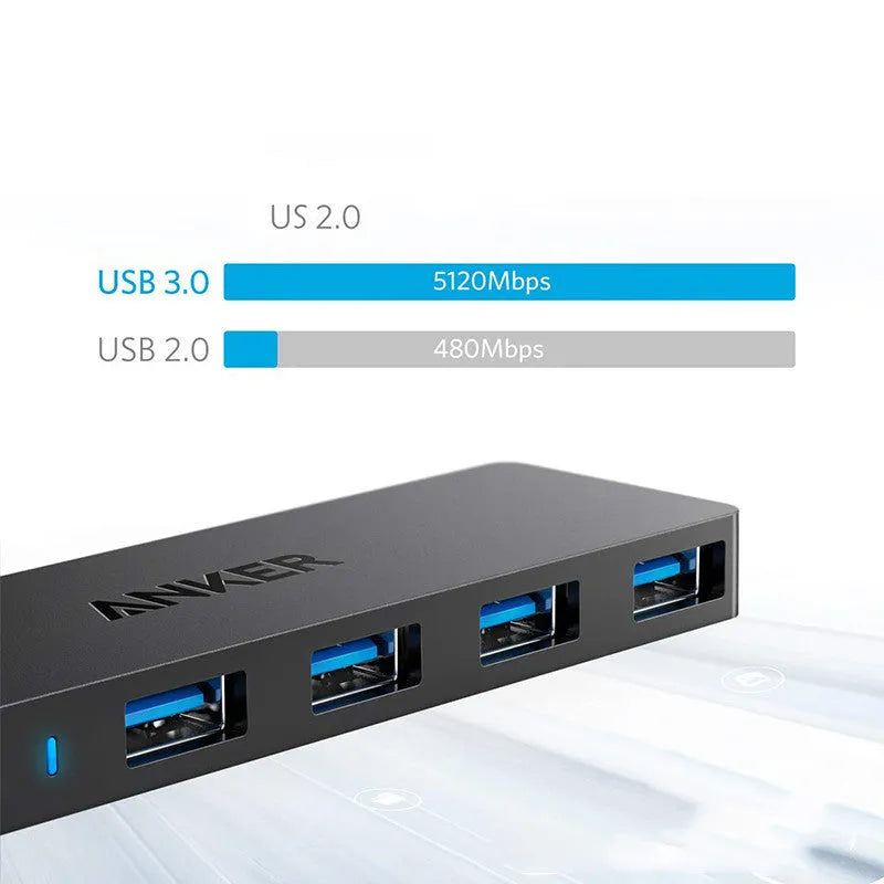 Black Anker 4-port USB 3.0 hub measuring 30x107mm with 20cm connecting cable