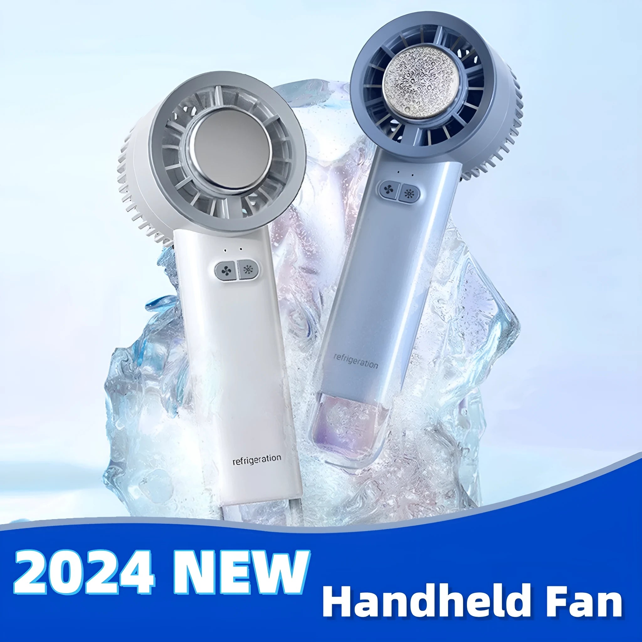 Handheld turbo jet fan in white or light blue colour with compact portable design for personal cooling