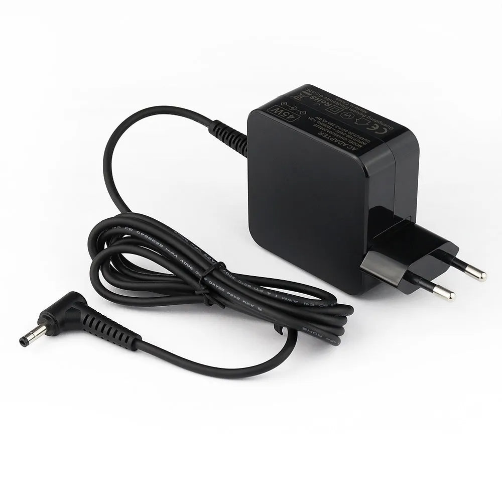 Black 45W laptop power adapter with DC connector and US and EU plug heads